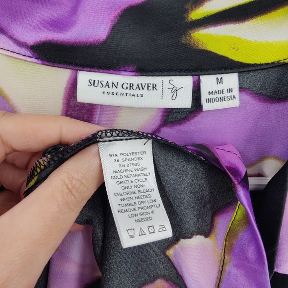 Susan Graver Women Floral Art to Wear Button Down Top M Black Purple 3/4 Sleeve - Picture 5 of 16